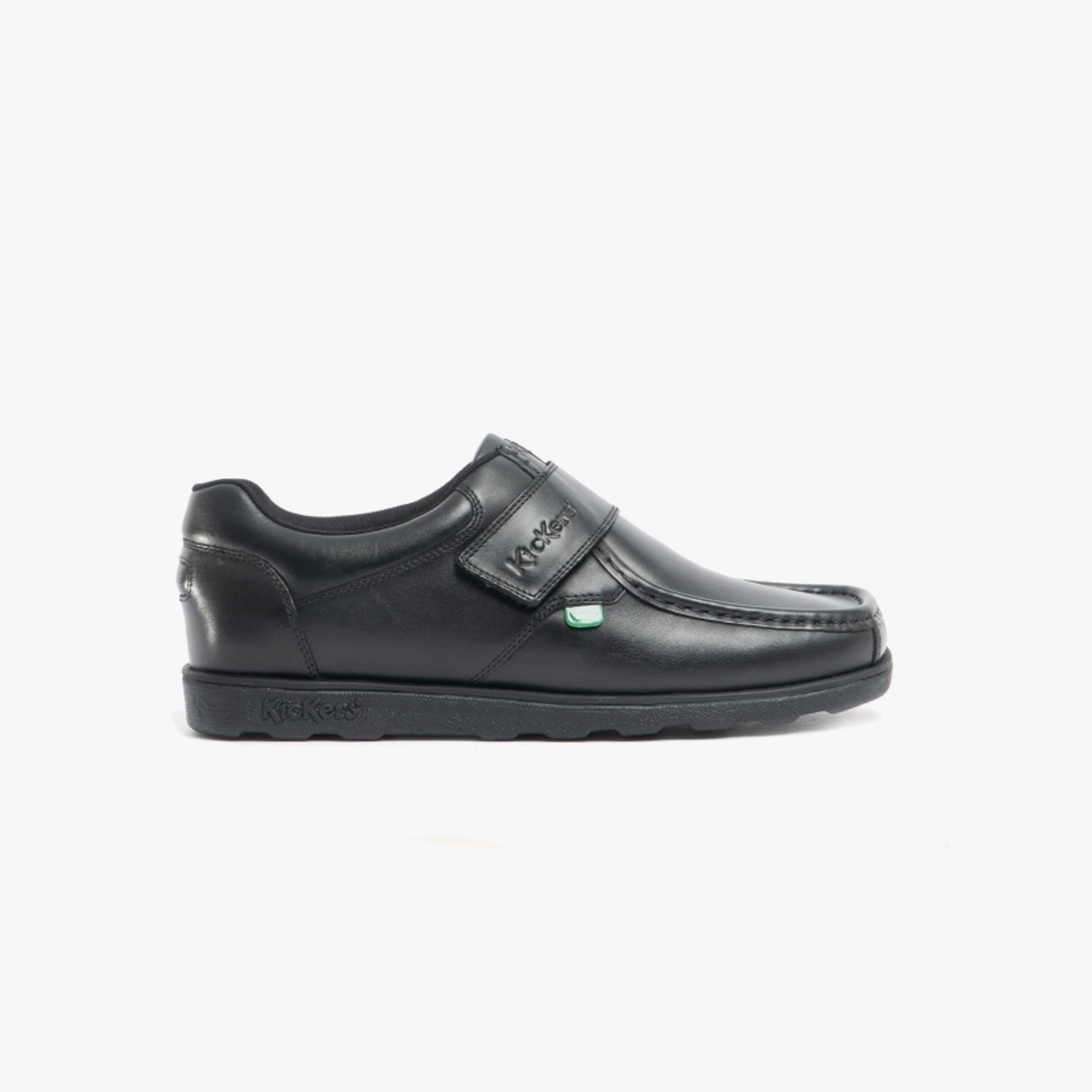 Kickers 114226 FRAGMA STRAP Boys School Shoes Black side view, leather upper, touch fasten closure.