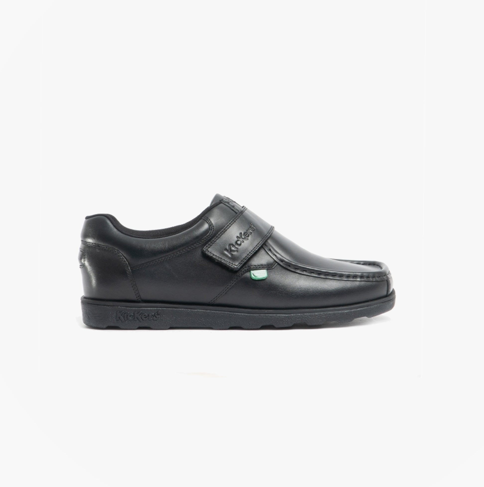 Kickers 114226 FRAGMA STRAP Boys School Shoes Black side view, leather upper, touch fasten closure.