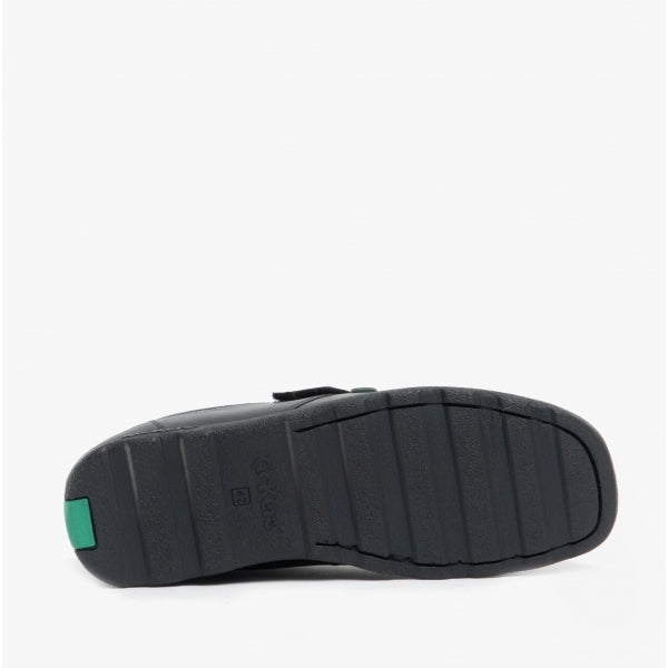 Kickers 114226 FRAGMA STRAP Boys School Shoes Black sole view showing rubber material and green accent.