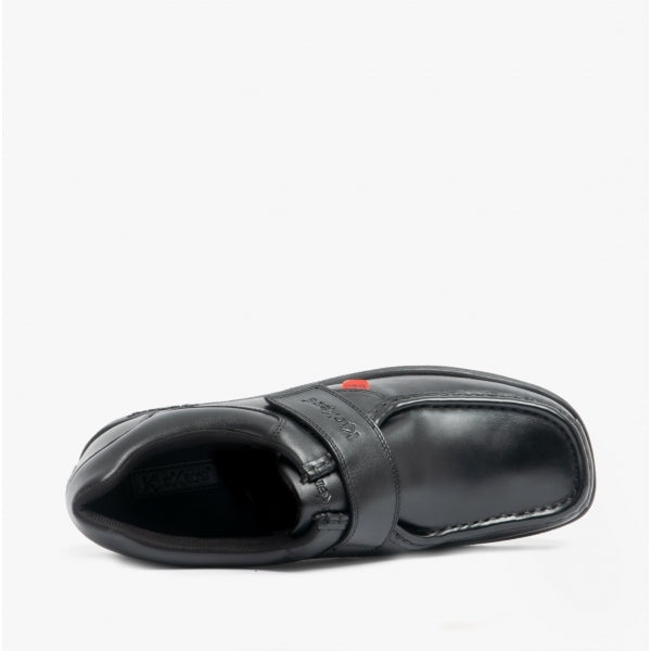 Kickers 114226 FRAGMA STRAP Boys School Shoes Black top view showcasing leather upper and touch fasten design.