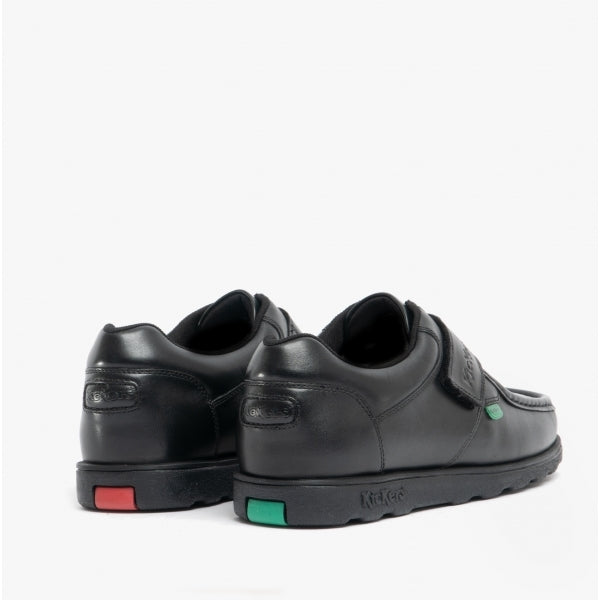 Kickers 114226 FRAGMA STRAP Boys School Shoes Black back view with touch fastening and rubber sole.