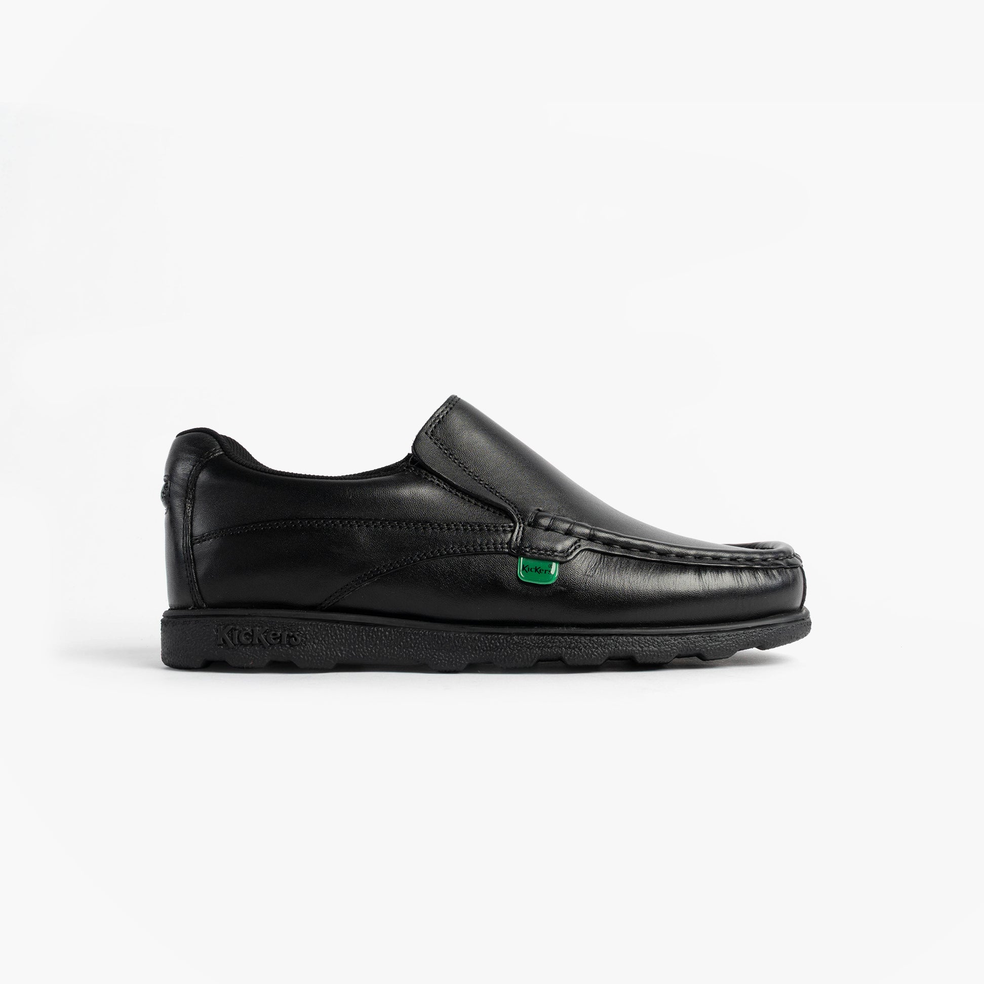 Kickers 114245 FRAGMA SLIP Boys School Shoes Black side view showcasing the leather upper and rubber sole.