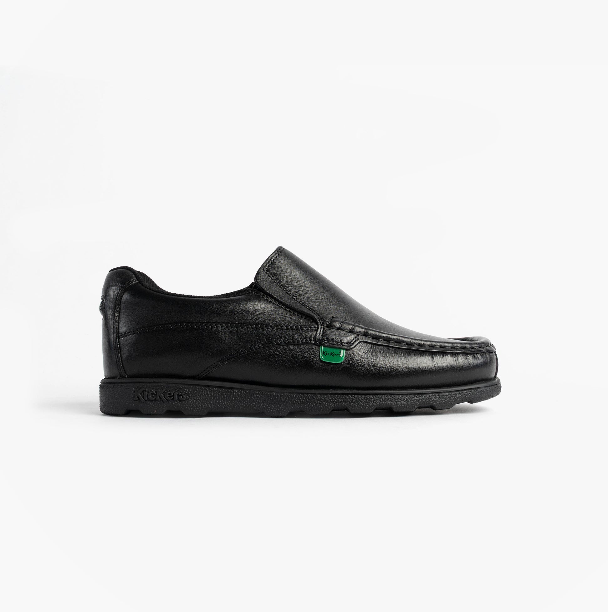 Kickers 114245 FRAGMA SLIP Boys School Shoes Black side view showcasing the leather upper and rubber sole.