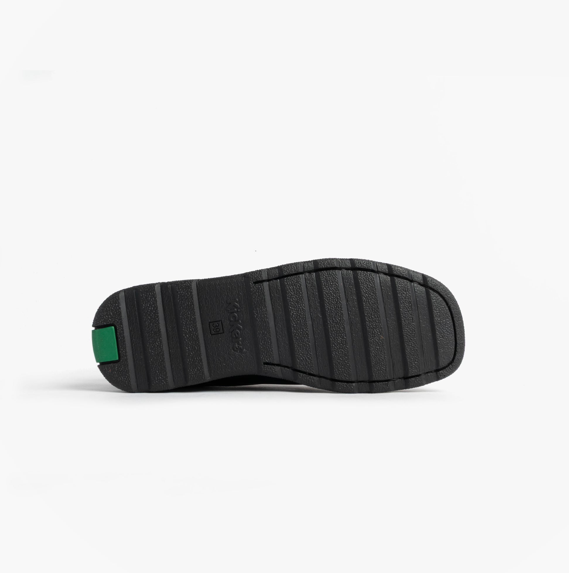 Kickers 114245 FRAGMA SLIP Boys School Shoes Black sole view with rubber grip and green accent.
