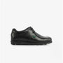 Kickers 114861 FRAGMA LACE 2 Eyelet School Shoes Black side view showcasing leather upper and lace-up design.