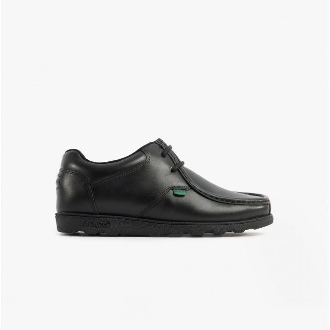 Kickers 114861 FRAGMA LACE 2 Eyelet School Shoes Black side view showcasing leather upper and lace-up design.