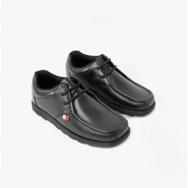 Kickers 114861 FRAGMA LACE 2 Eyelet School Shoes Black side view showing lace-up closure and leather upper