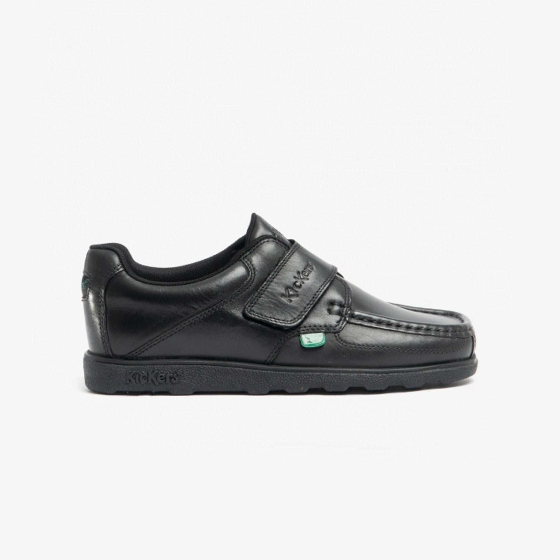 Kickers 114863 FRAGMA STRAP Boys School Shoes Black side view showcasing leather upper and touch fastening.
