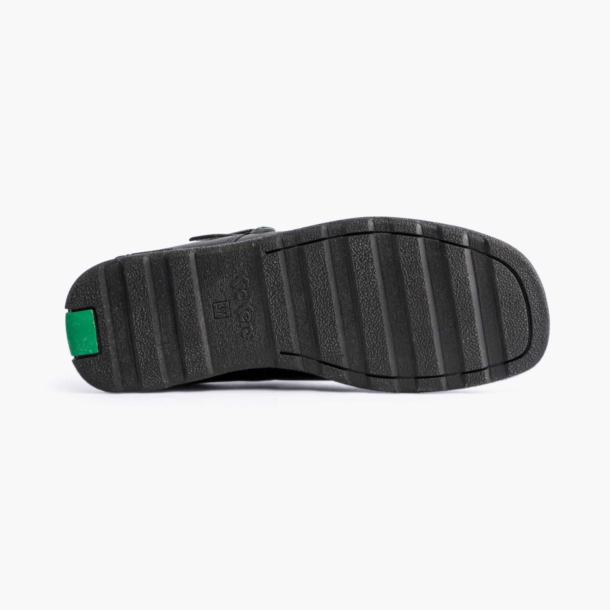 Kickers 115711 FRAGMA T-BUCKLE Girls School Shoes Black bottom view highlighting rubber sole design.