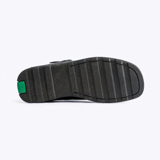 Kickers 115711 FRAGMA T-BUCKLE Girls School Shoes Black bottom view highlighting rubber sole design.