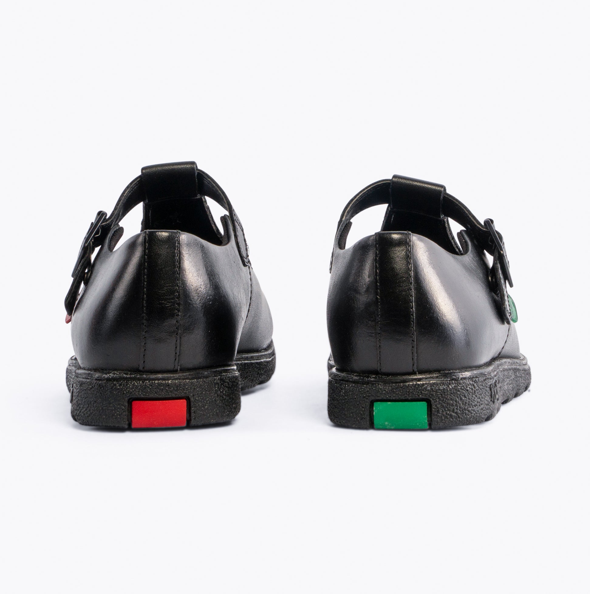Kickers 115711 FRAGMA T-BUCKLE Girls School Shoes Black back view with buckle closure and colorful sole detailing.