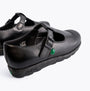 Kickers 115711 FRAGMA T-BUCKLE Girls School Shoes Black side view showcasing the leather upper and buckle fastening.
