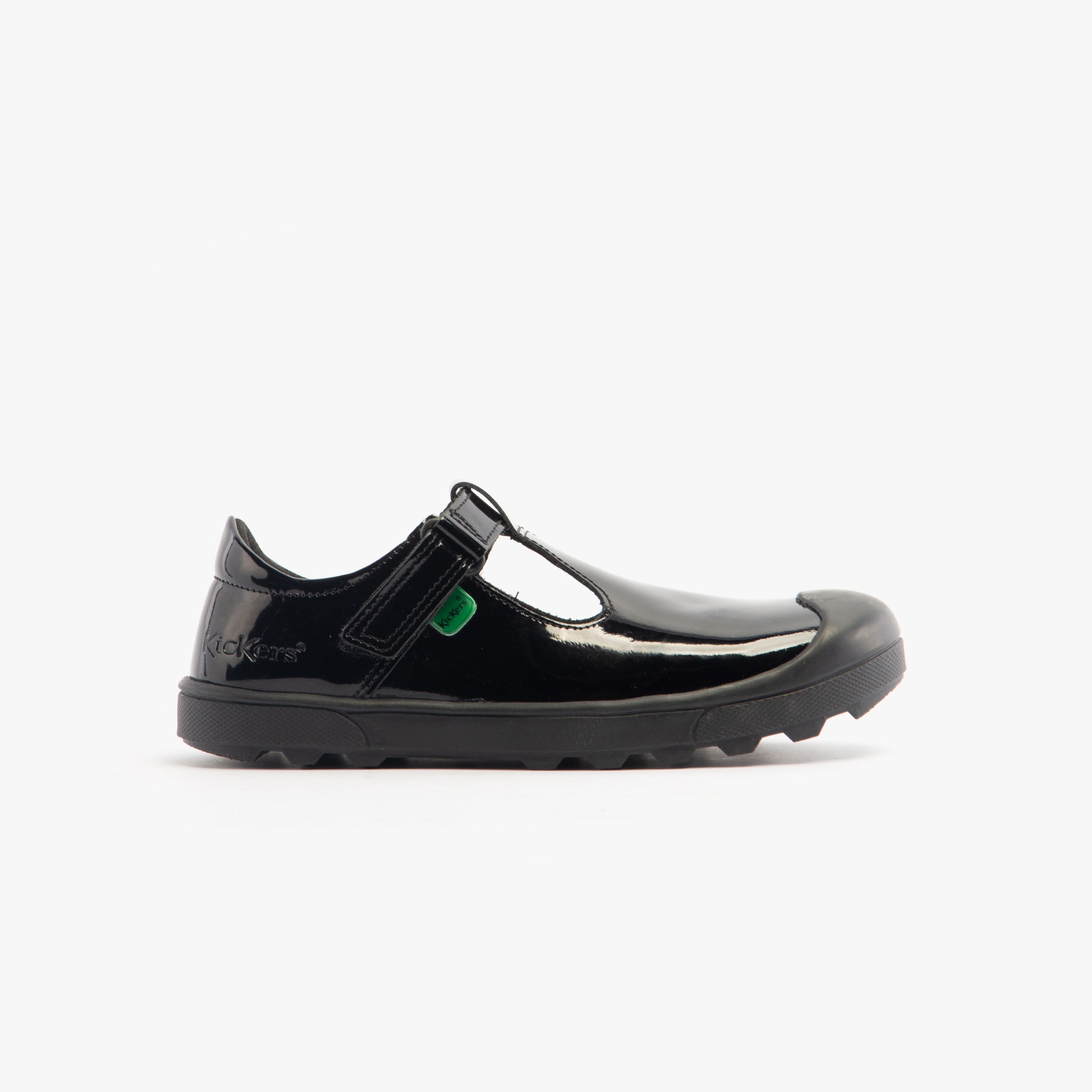 Kickers 116227 PLUNK MJ Girls School Shoes Black Patent side view showing shiny black leather and touch fasten closure.