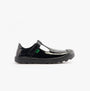 Kickers 116227 PLUNK MJ Girls School Shoes Black Patent side view showing shiny black leather and touch fasten closure.