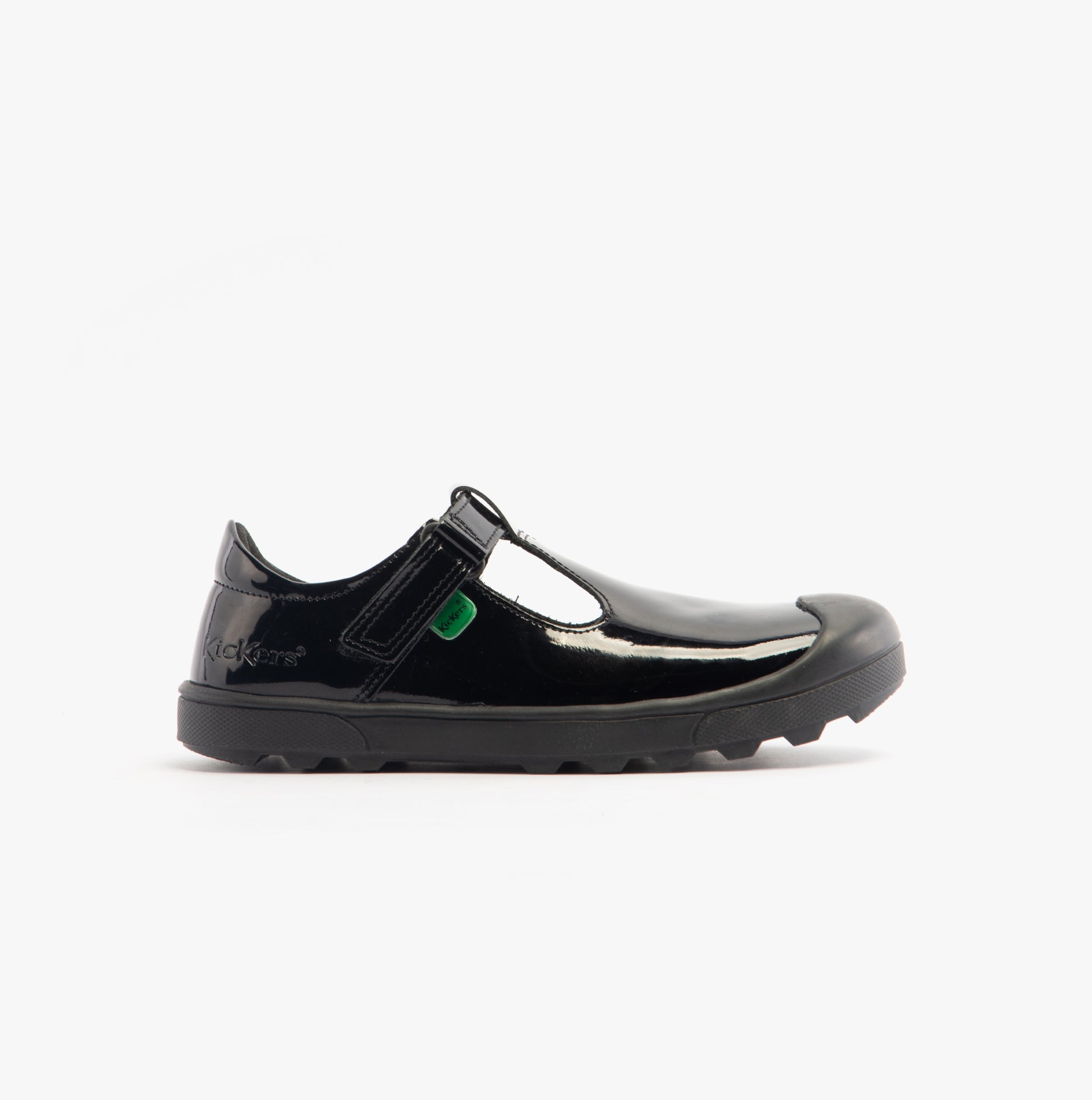 Kickers 116227 PLUNK MJ Girls School Shoes Black Patent side view showing shiny black leather and touch fasten closure.