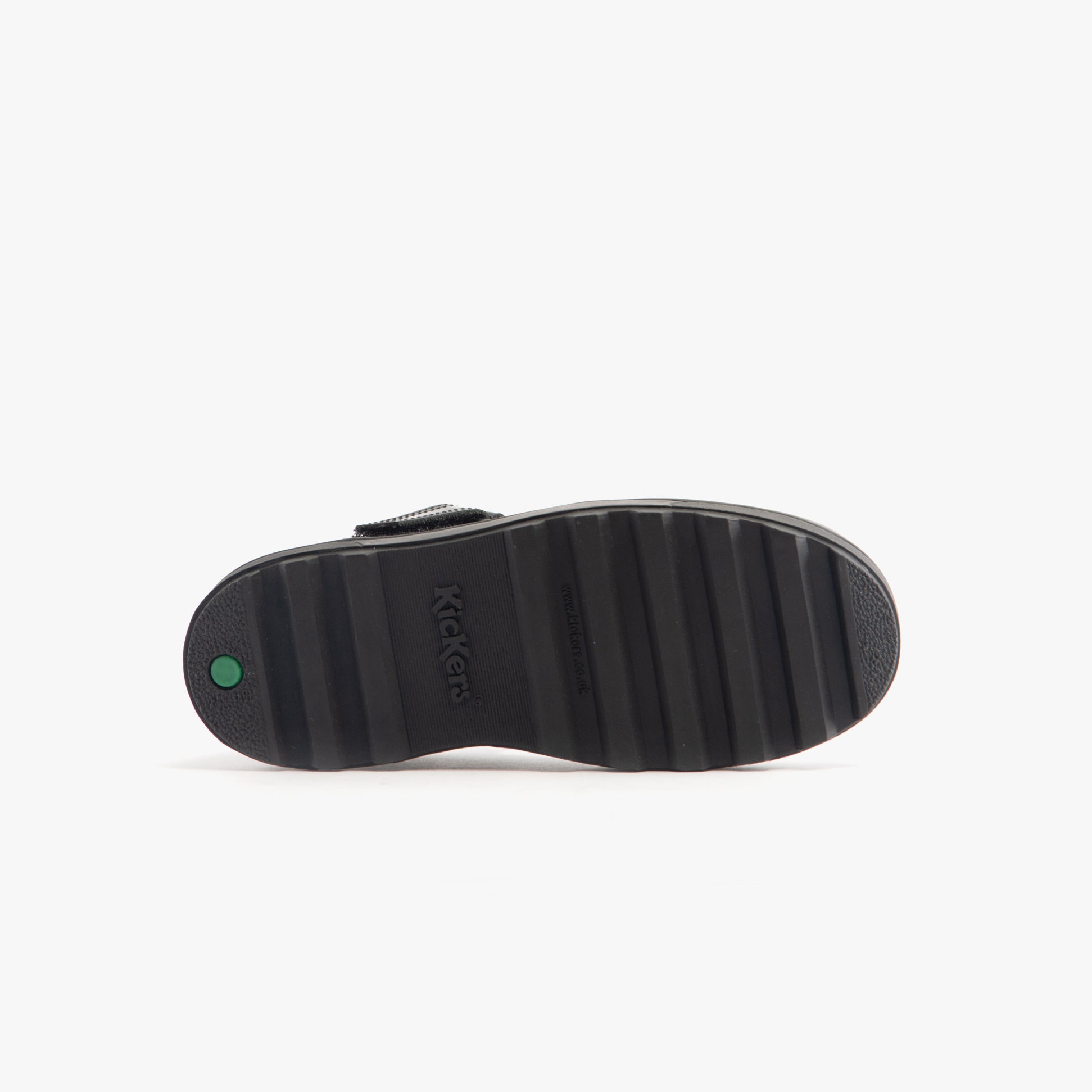 Kickers 116227 PLUNK MJ Girls School Shoes Black Patent bottom view showing rubber sole design and grip features.