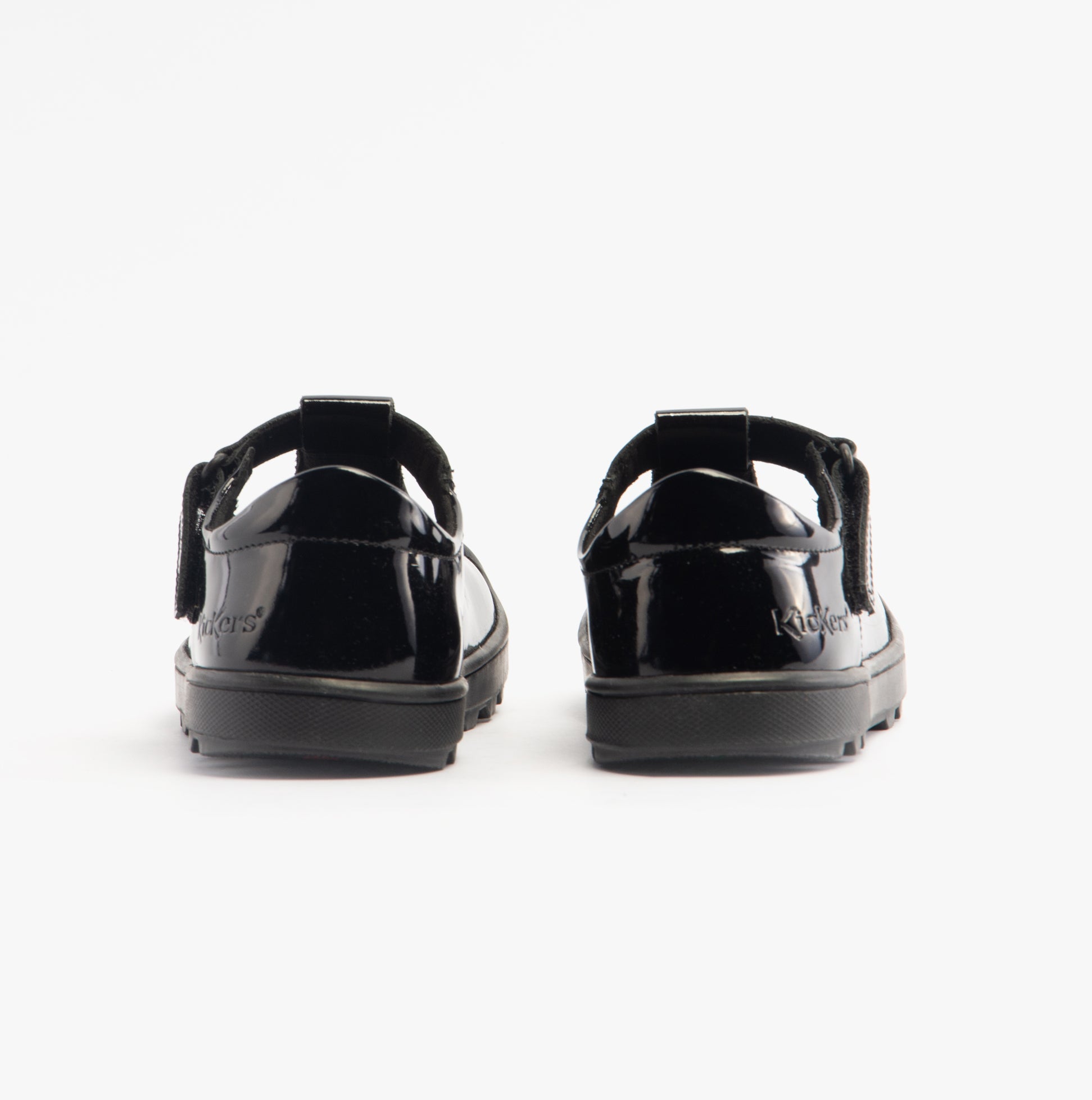 Kickers 116227 PLUNK MJ Girls School Shoes Black Patent back view showing shiny patent leather finish.