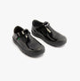 Kickers 116227 PLUNK MJ Girls School Shoes Black Patent side view showcasing shiny leather design.