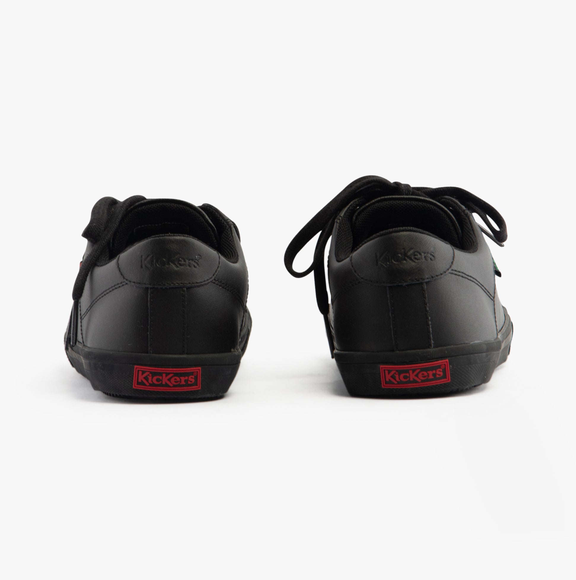 Kickers 116407 KODY LO Unisex School Shoes Black back view showcasing lace-up design and flat rubber sole.