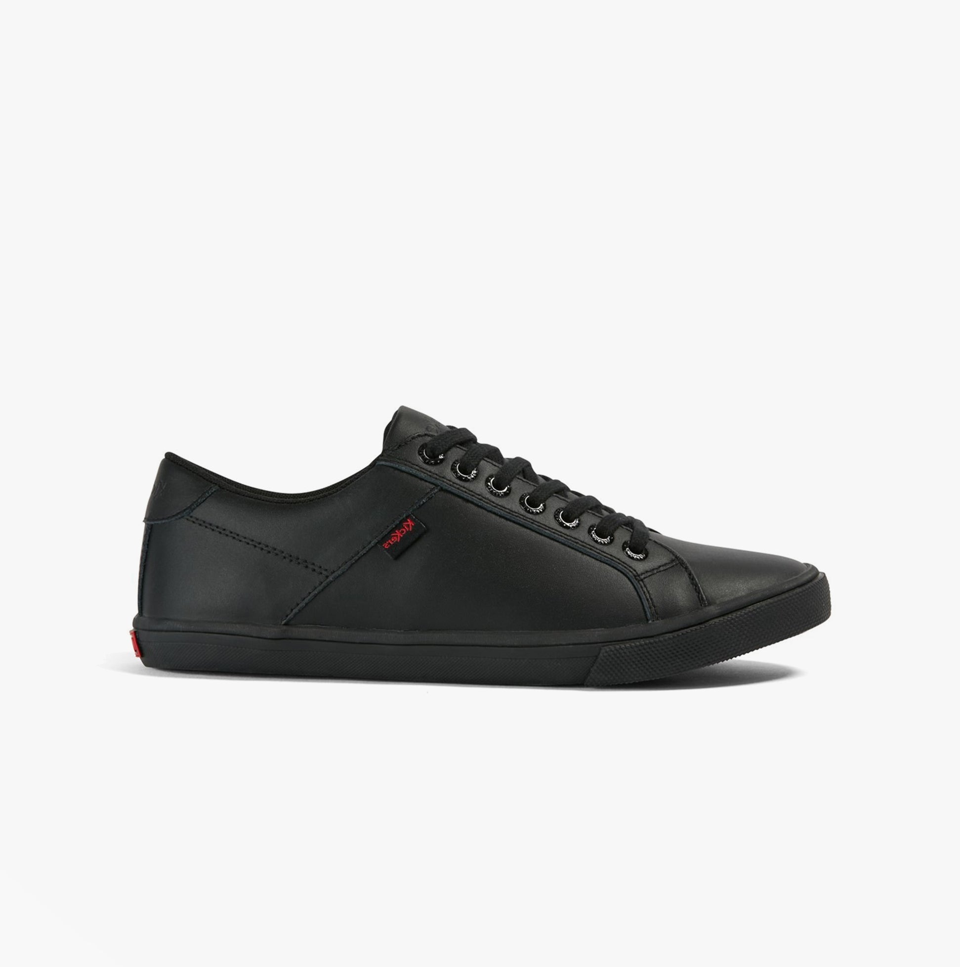 Kickers 116407 KODY LO Unisex School Shoes Black side view, leather upper, lace-up, low top, flat heel.