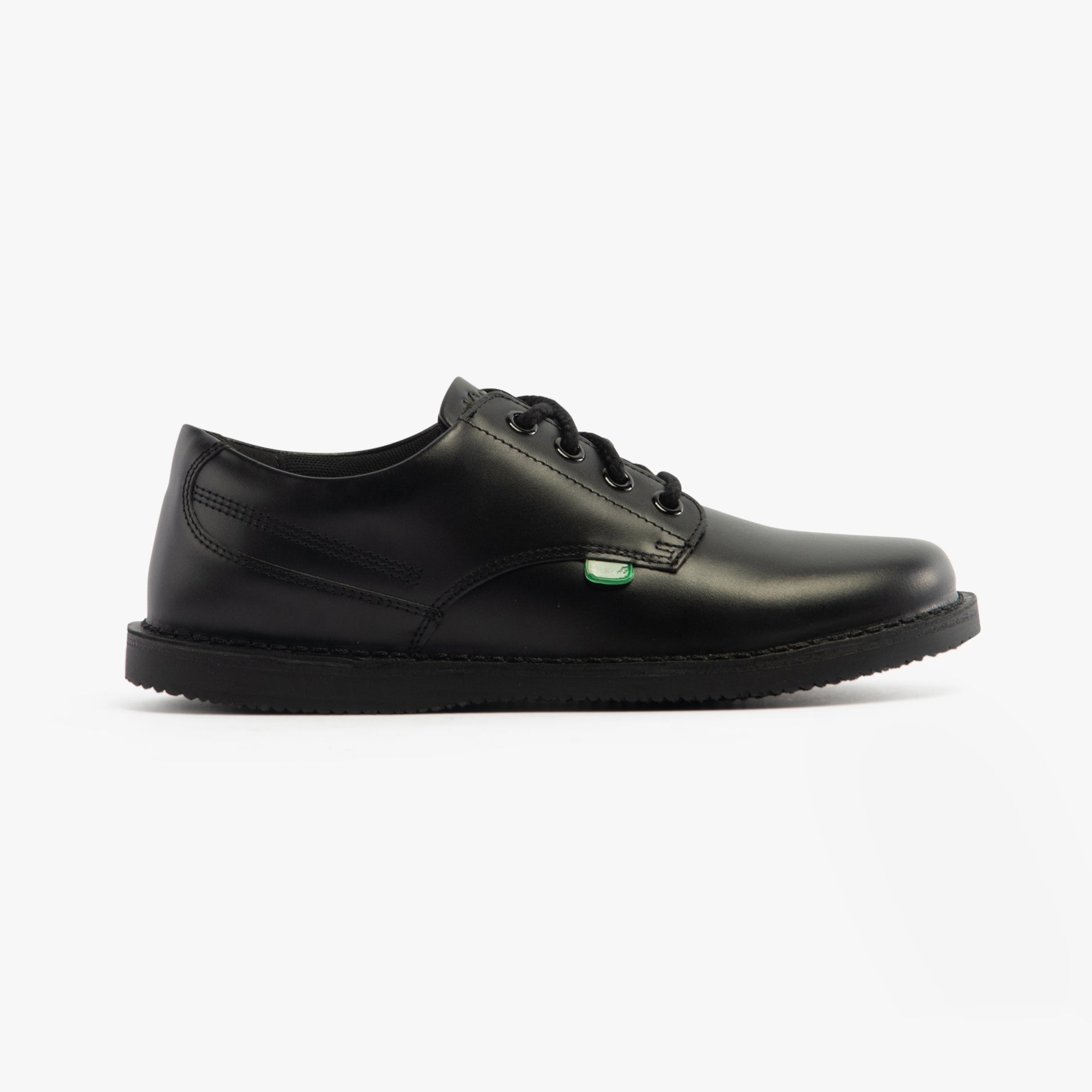Kickers 117217 KOPI DERBY Boys School Shoes Black side view showing leather upper and lace-up design.