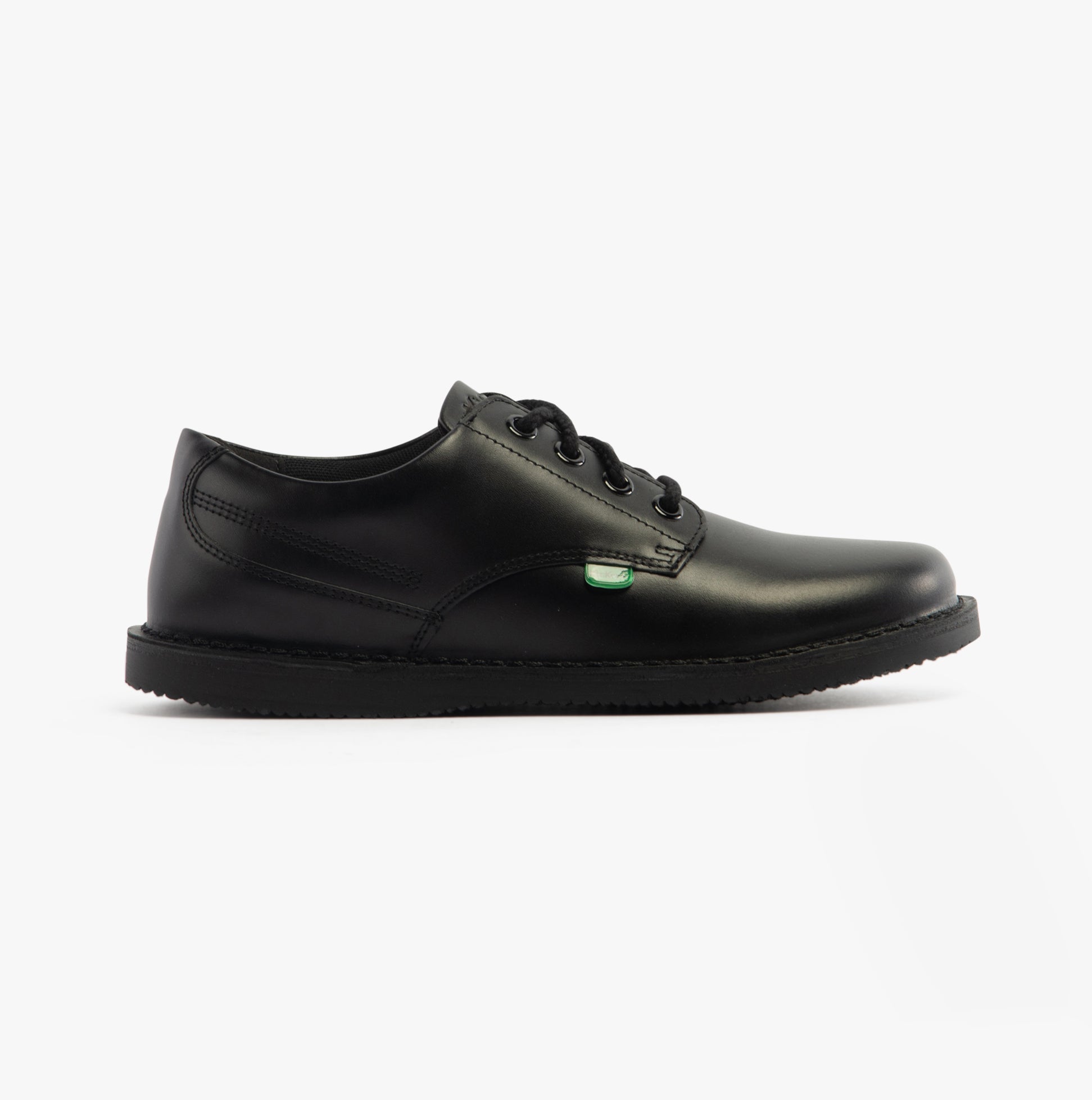 Kickers 117217 KOPI DERBY Boys School Shoes Black side view showing leather upper and lace-up design.