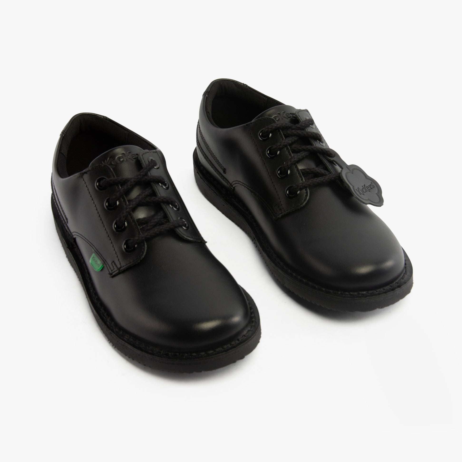 Kickers 117217 KOPI DERBY Boys School Shoes Black front view showing lace-up design and smooth leather finish.