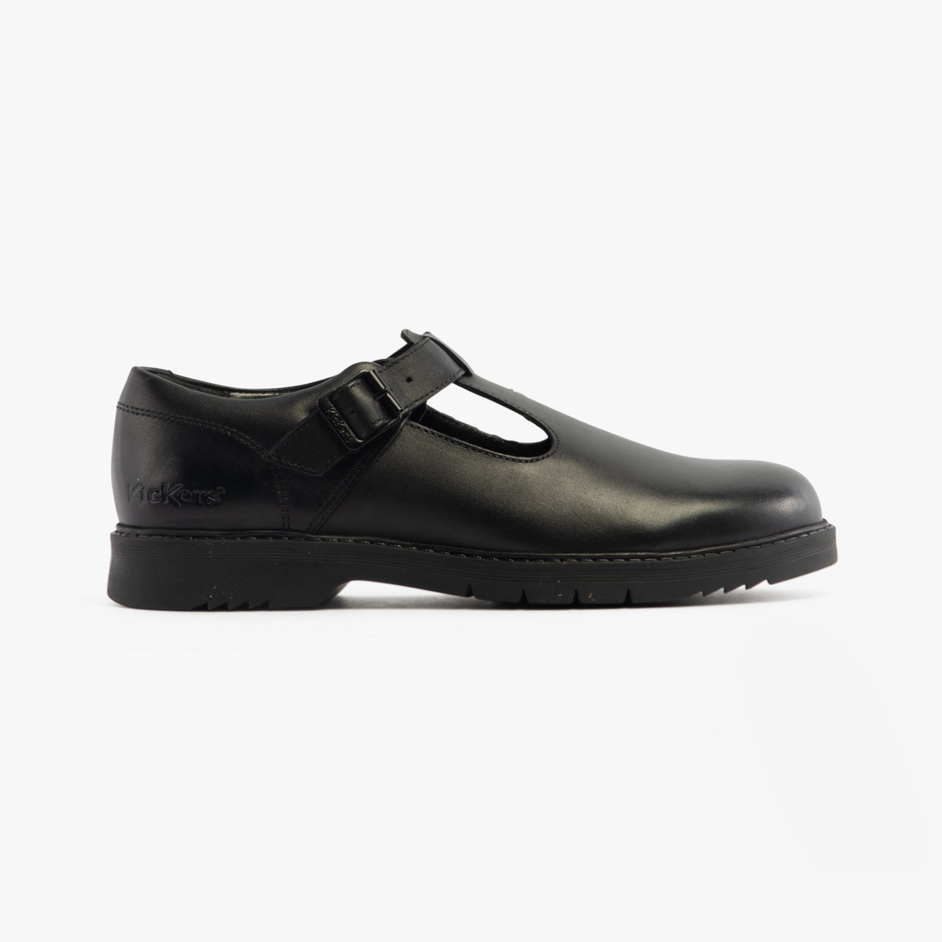 Kickers 117220 FINLEY T BAR Girls School Shoes Black side view showcasing sturdy leather design and buckle closure.
