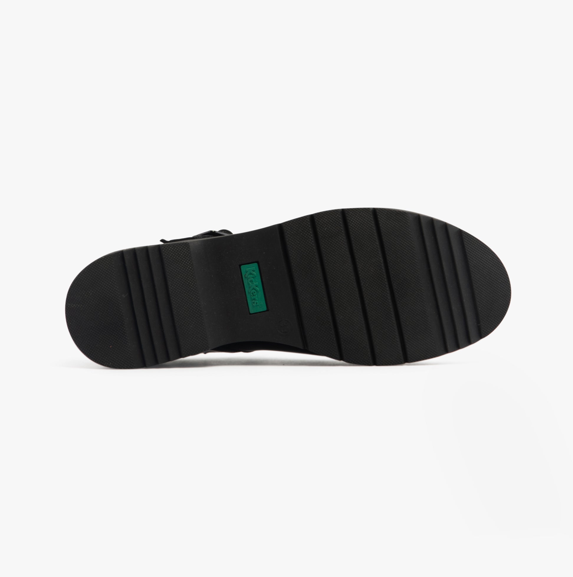 Kickers 117220 FINLEY T BAR Girls School Shoes Black bottom view showcasing durable rubber sole.