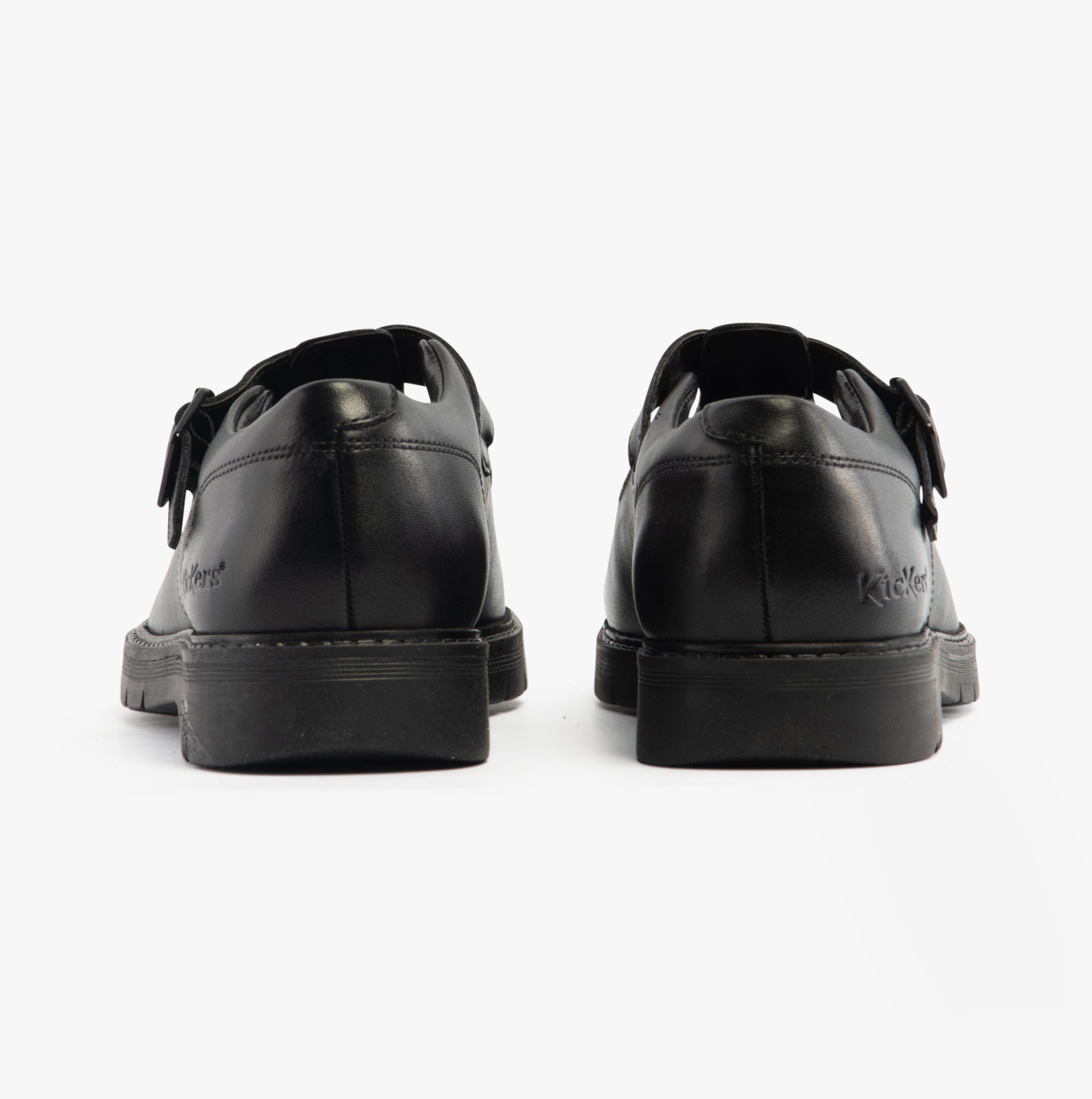 Kickers 117220 FINLEY T BAR Girls School Shoes Black back view, showcasing leather upper and buckle closure.