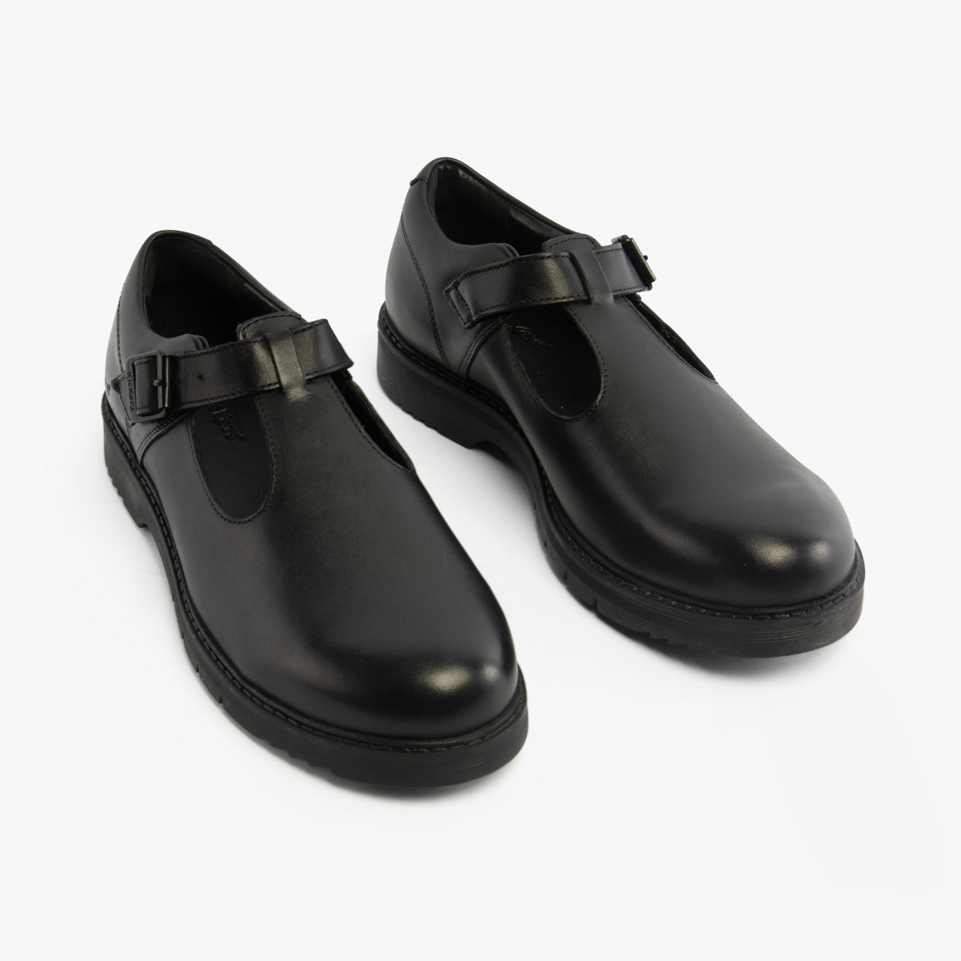 Kickers 117220 FINLEY T BAR Girls School Shoes Black side view leather with buckle closure.