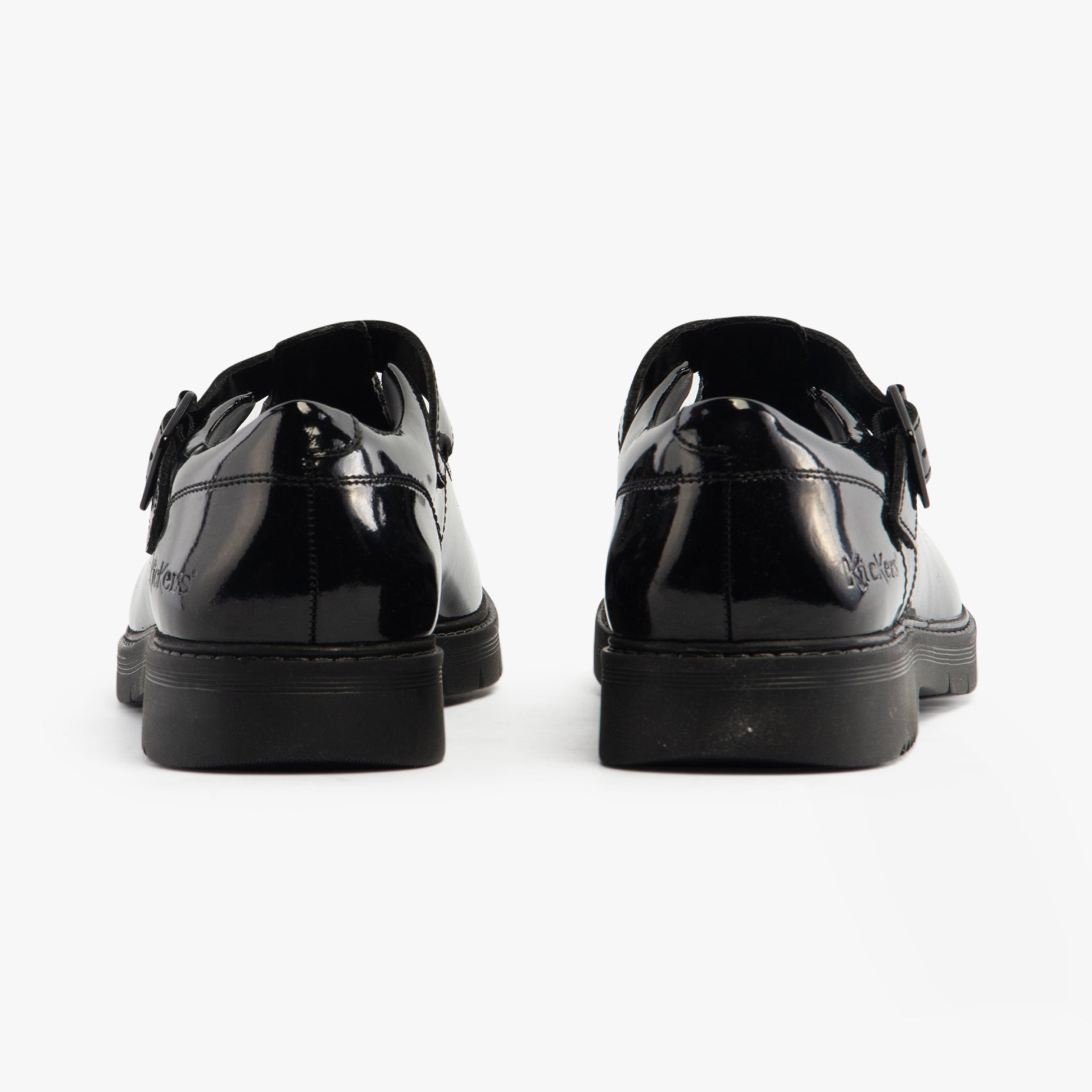 Kickers 117221 FINLEY T BAR Girls School Shoes Black Patent back view with shiny patent finish and buckle detail.