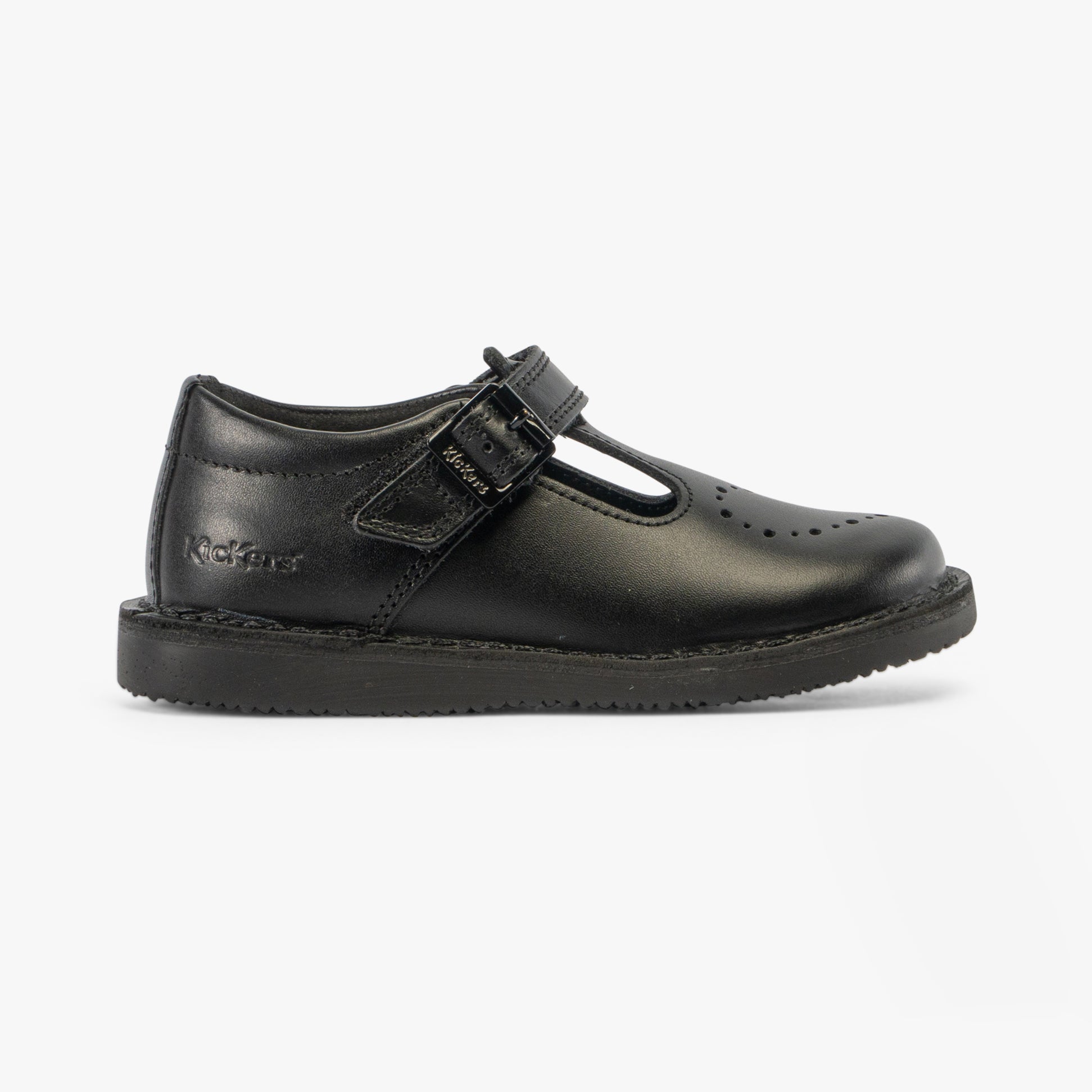 Kickers 117236 KOPI HEART T BAR Infant Girls School Shoes Black side view showing leather upper and buckle fastening.