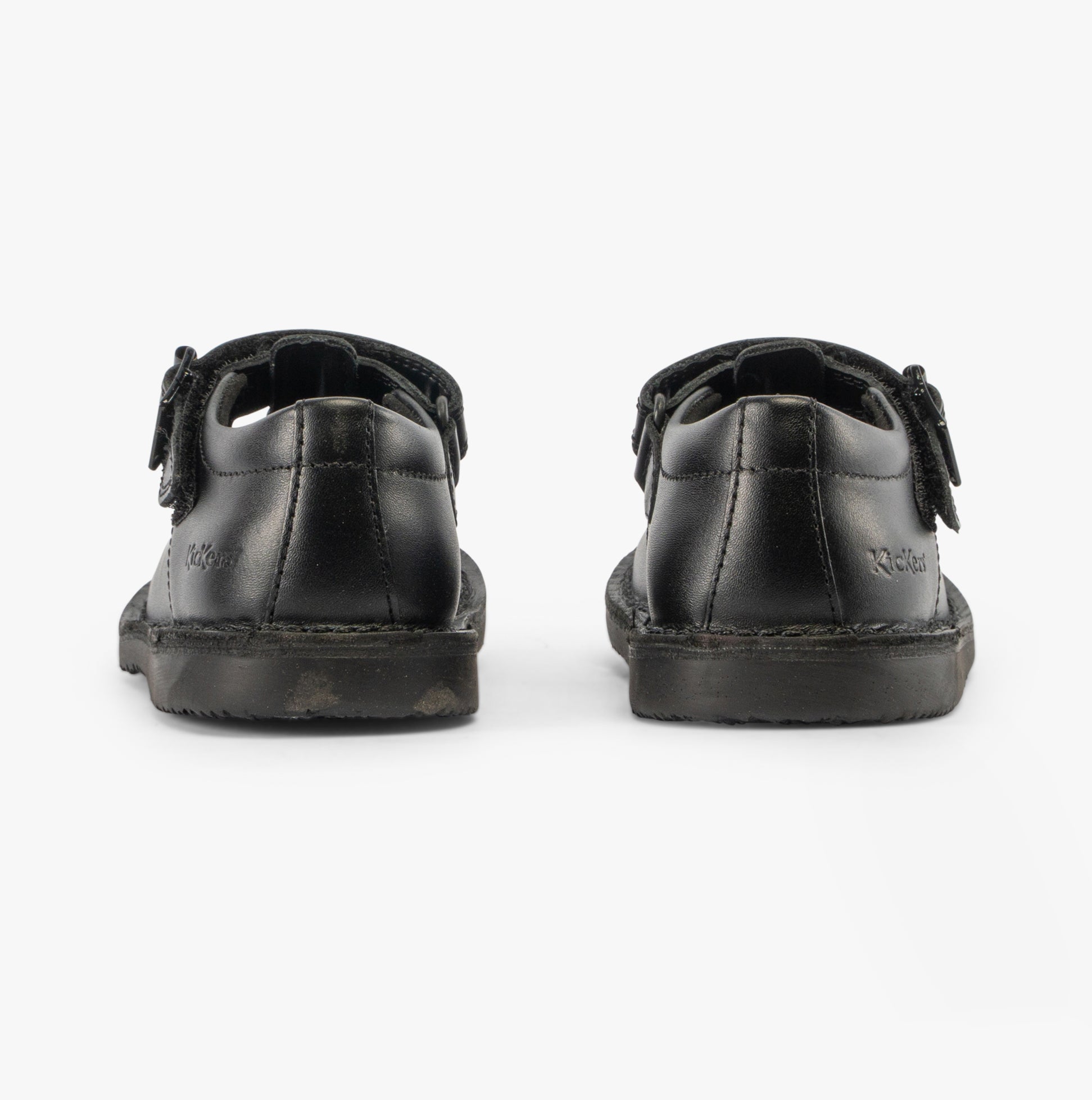 Kickers 117236 KOPI HEART T BAR Infant Girls School Shoes Black back view, showing black leather upper and buckle closure.
