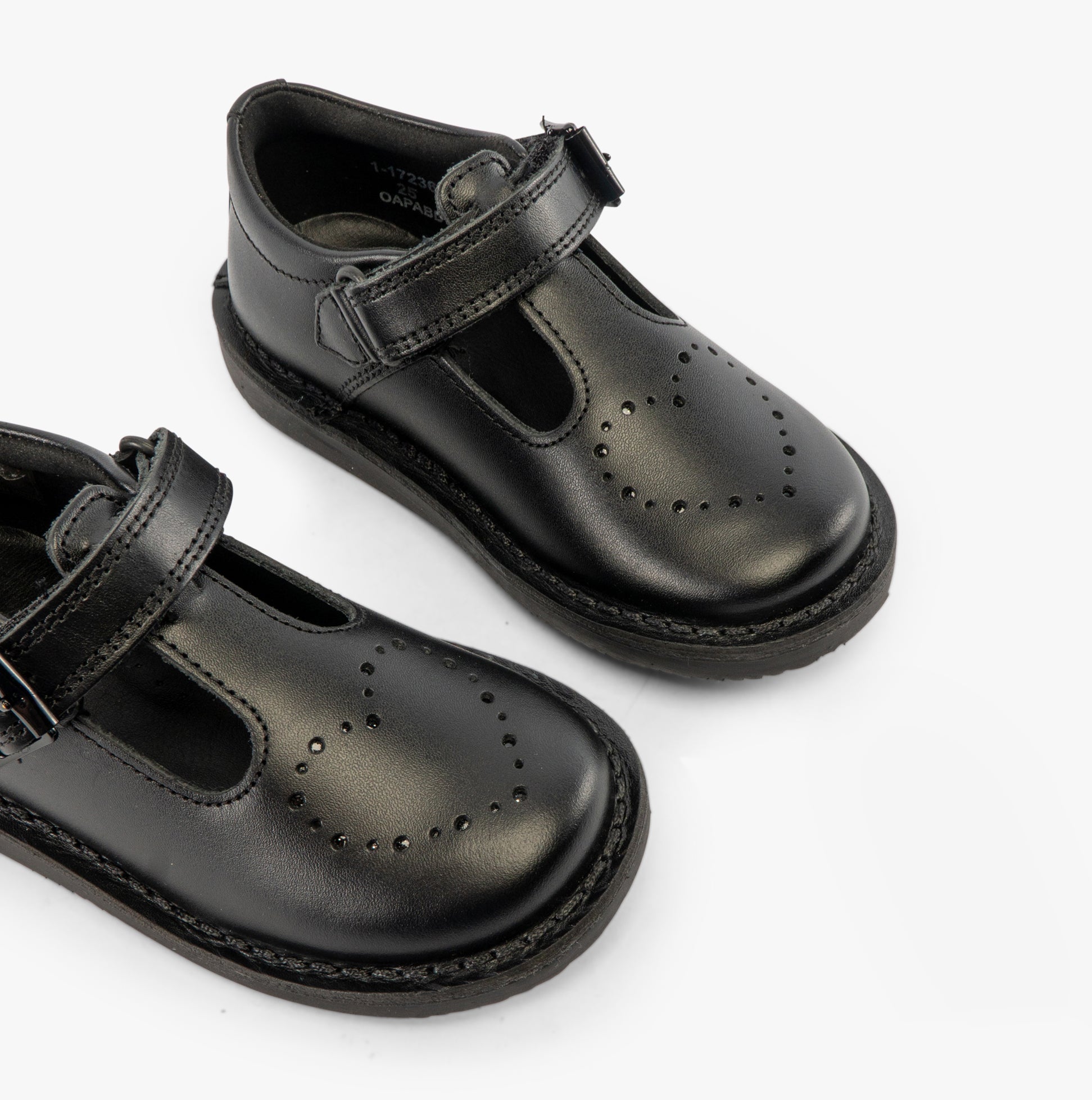 Kickers 117236 KOPI HEART T BAR Infant Girls School Shoes Black top view with detail of buckle and round toe.