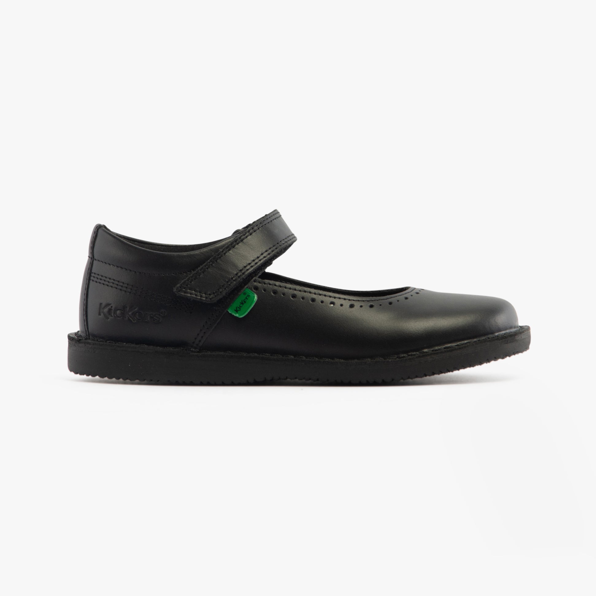 Kickers 117238 KOPI MJ BROGUE Junior Girls School Shoes Black side view with touch fasten strap.