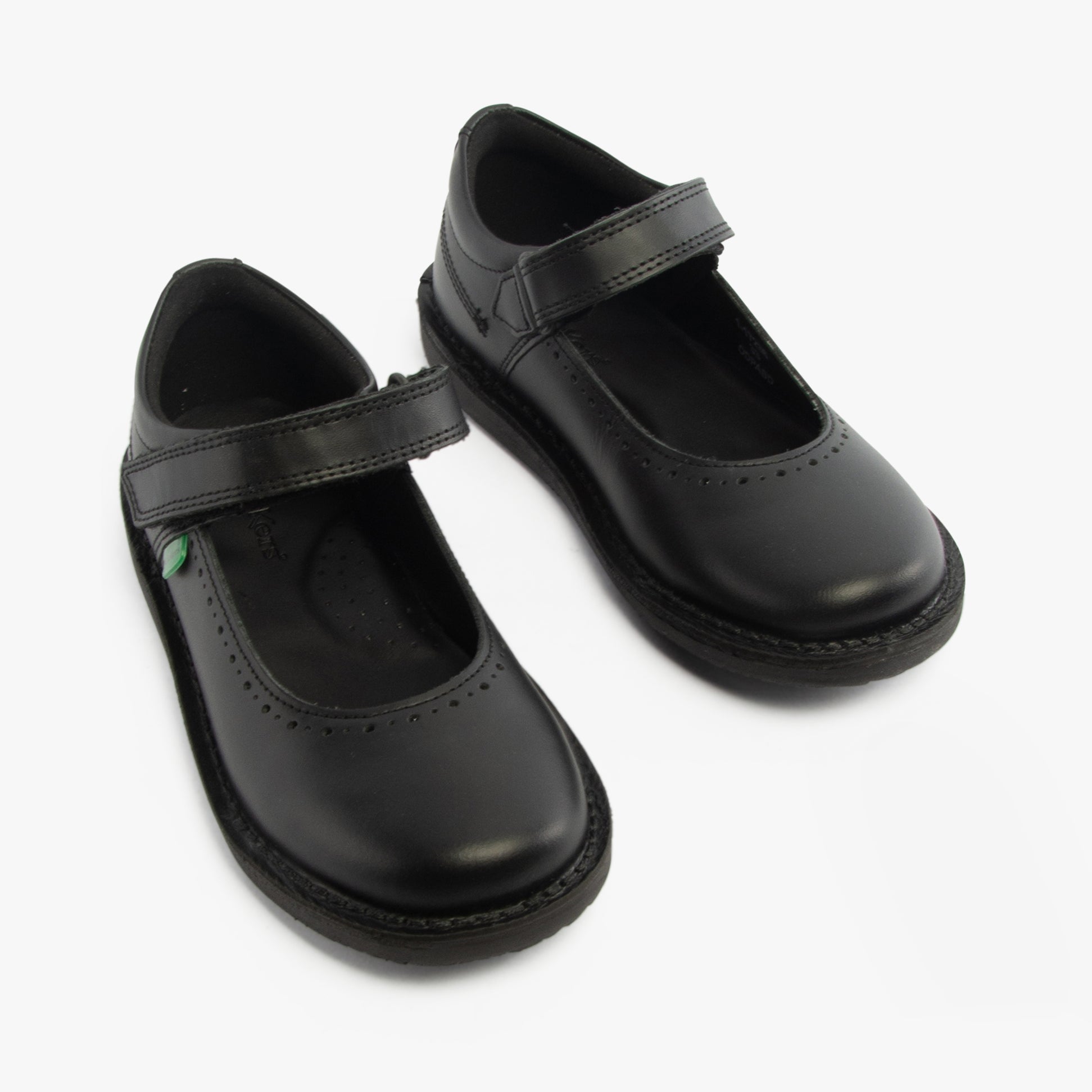 Kickers 117238 KOPI MJ BROGUE Junior Girls School Shoes Black side view showing leather upper and touch fasten strap