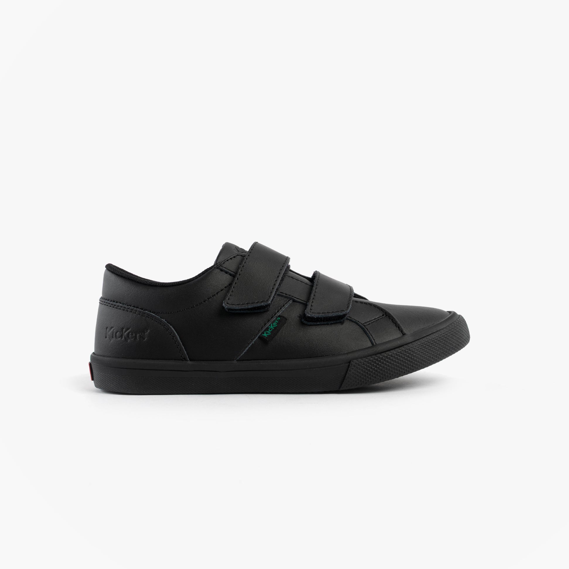 Kickers 117412 KODY TWIN Unisex School Shoes Black side view with touch fasten straps and rubber sole.