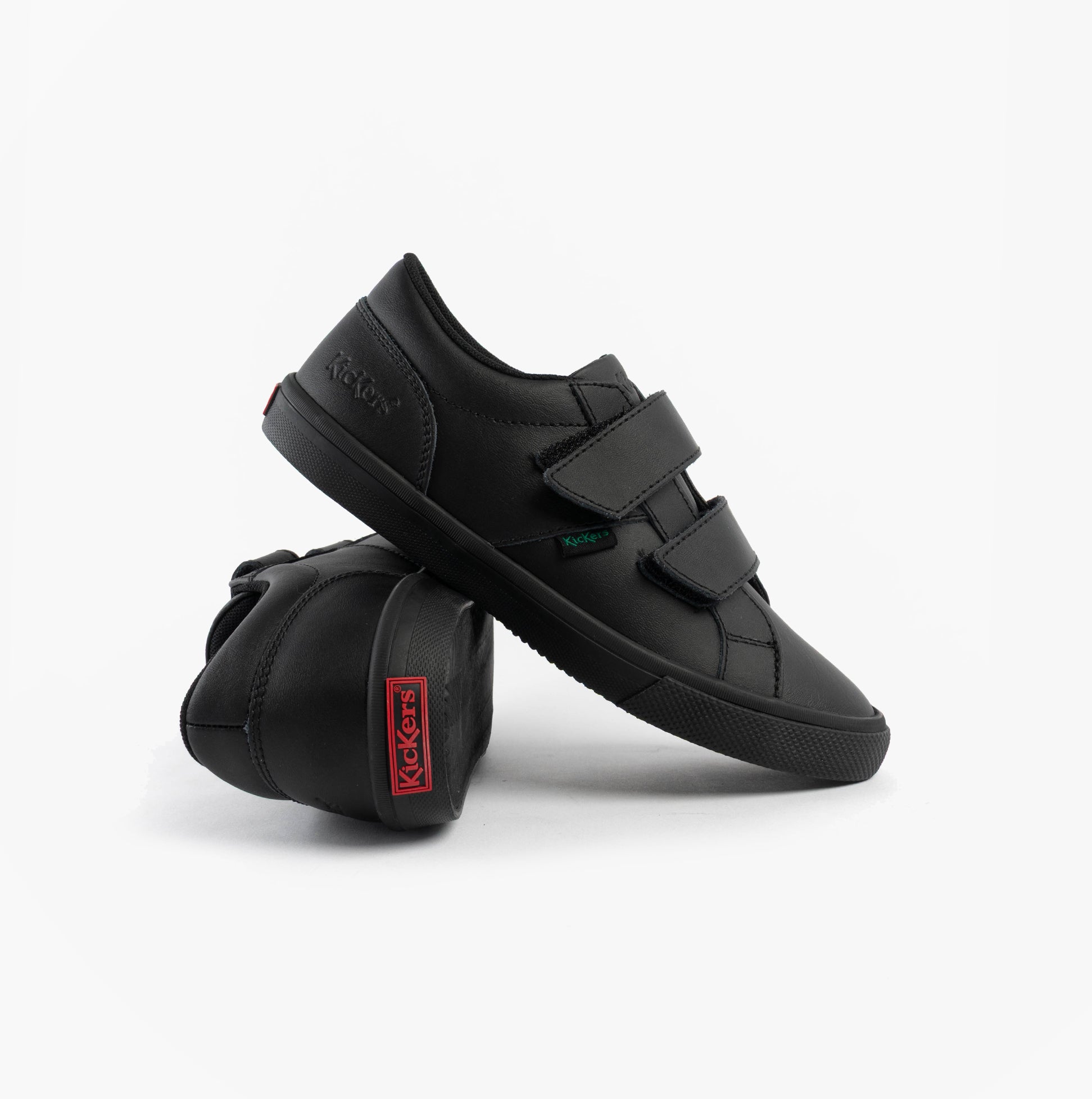 Kickers 117412 KODY TWIN Unisex School Shoes Black side and angled view showcasing touch fasten design and rubber sole.