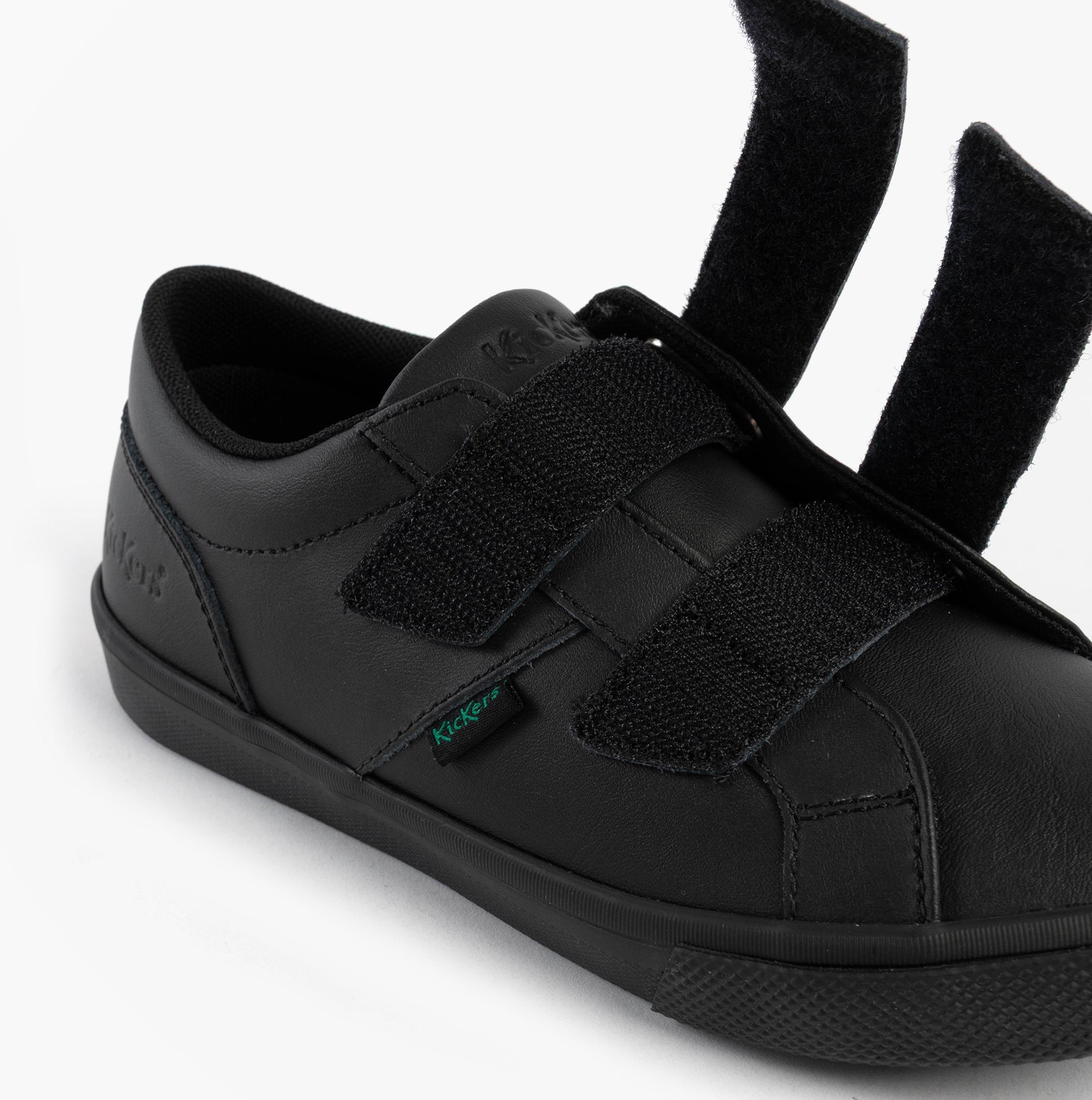 Kickers 117412 KODY TWIN Unisex School Shoes Black side view showcasing leather upper, touch fastening straps.