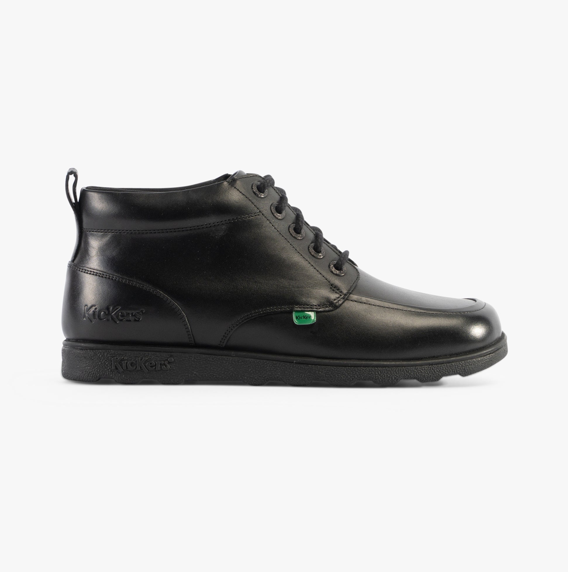 Kickers 117606 FRAGMA CHUK Boys School Boots Black side view showing lace-up closure and leather upper.