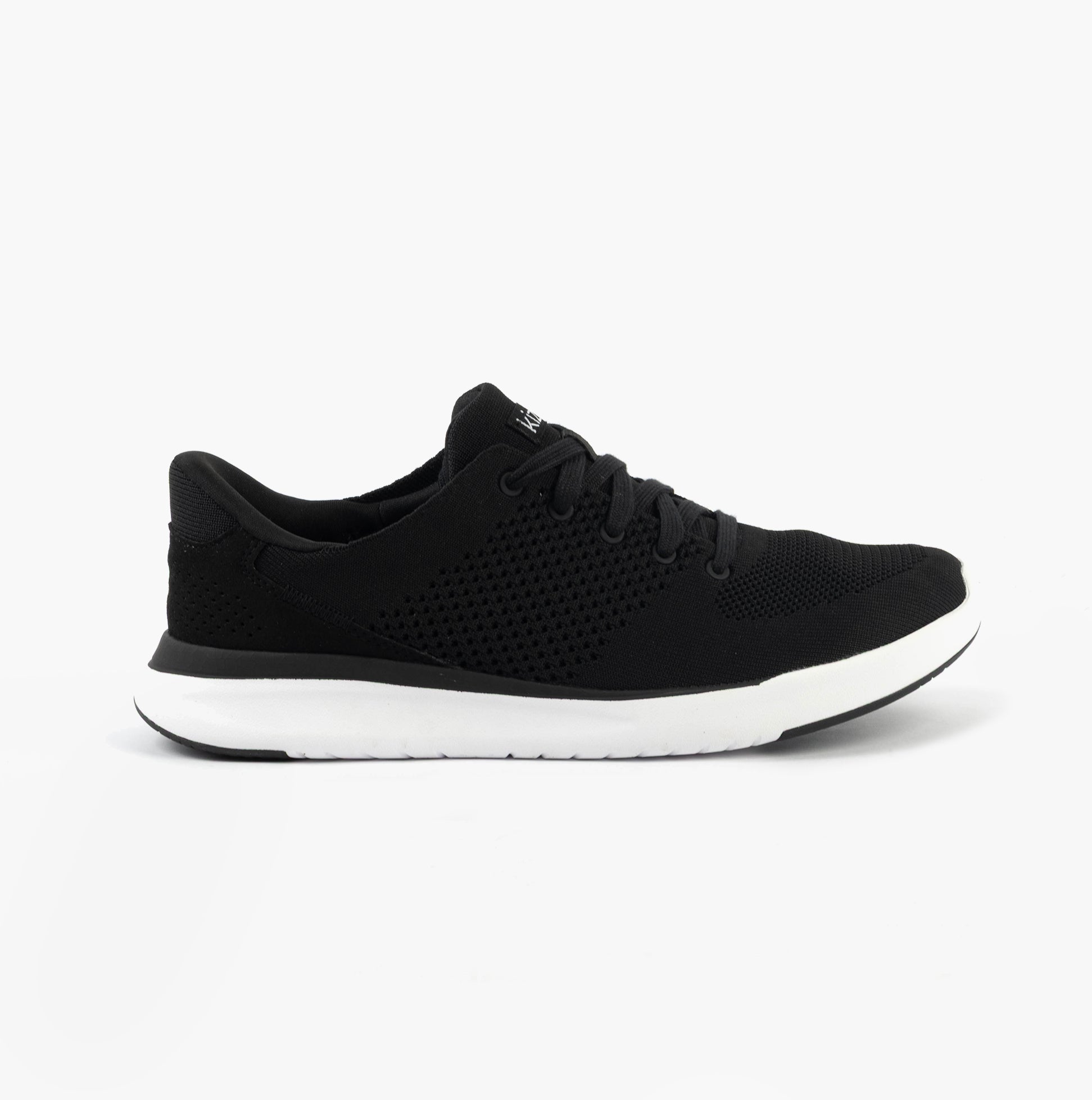 Kizik LIMA Unisex Adults Trainers Black side view of casual lace-up sneakers with knit upper and rubber sole.