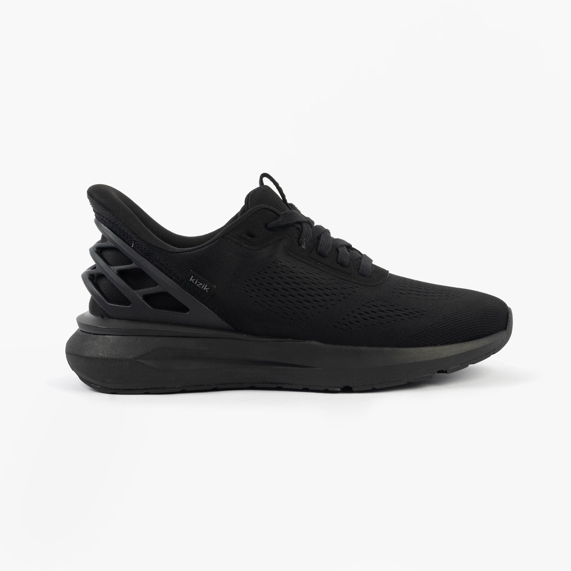 Kizik ATHENS 2.0 Mens Trainers Blackout side view featuring knit upper and rubber sole.