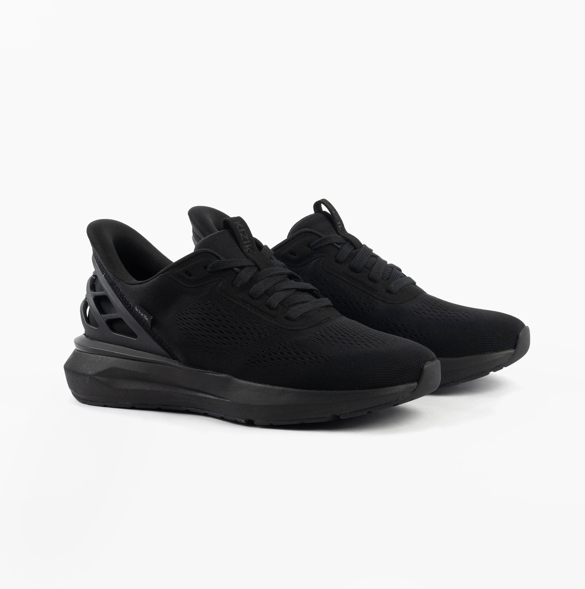 Kizik ATHENS 2.0 Mens Trainers Blackout side view featuring a sleek black knit upper and rubber sole.