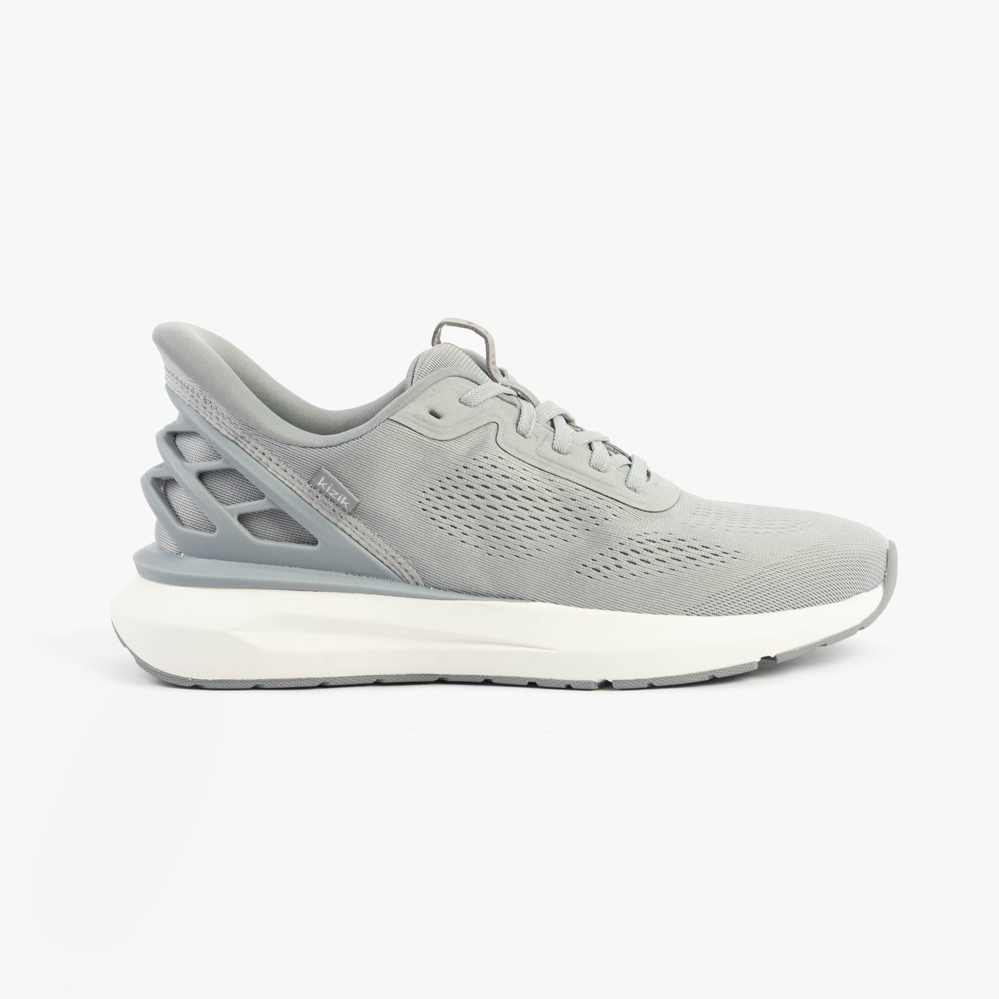 Kizik ATHENS 2.0 Mens Trainers Alloy side view showing knit upper, lace-up closure, and rubber sole in gray.