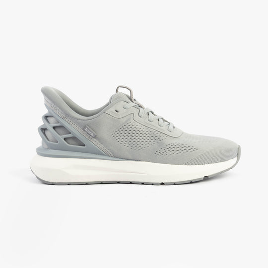 Kizik ATHENS 2.0 Mens Trainers Alloy side view showing knit upper, lace-up closure, and rubber sole in gray.