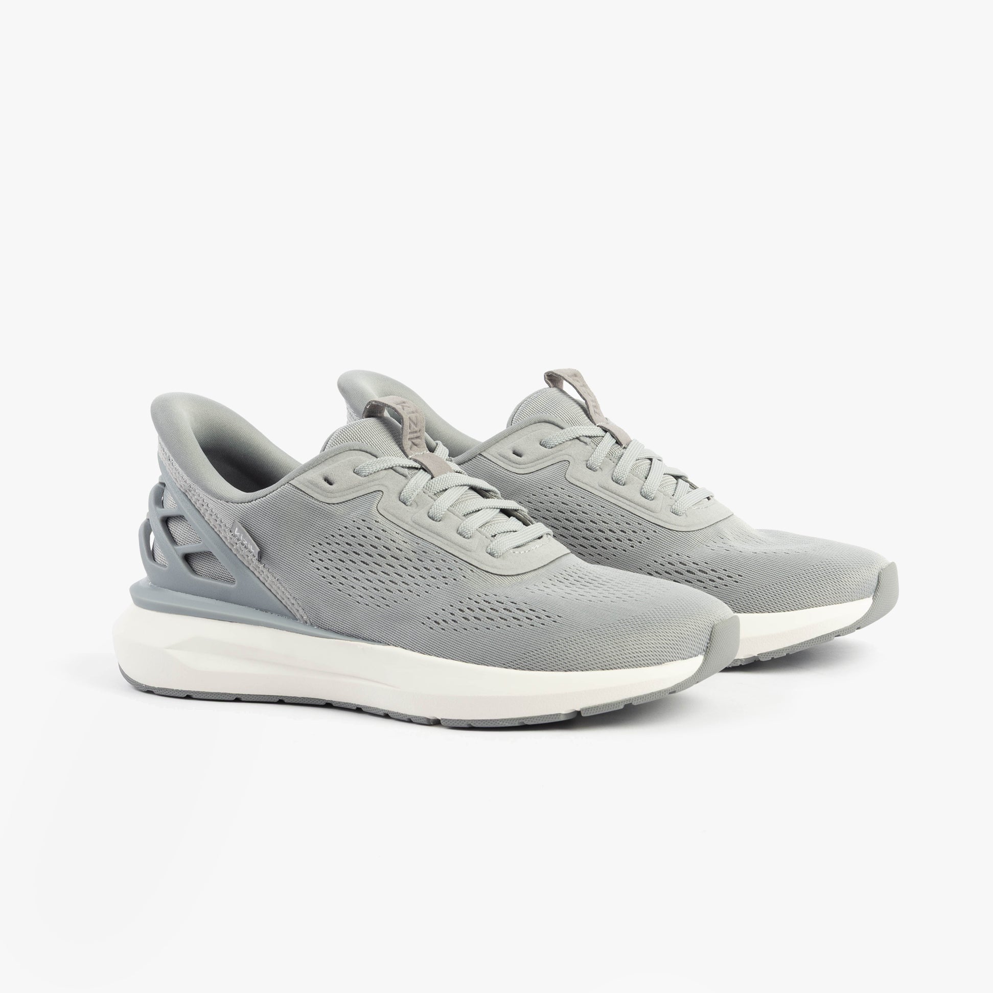 Kizik ATHENS 2.0 Mens Trainers Alloy side view showing gray knit upper and rubber sole.