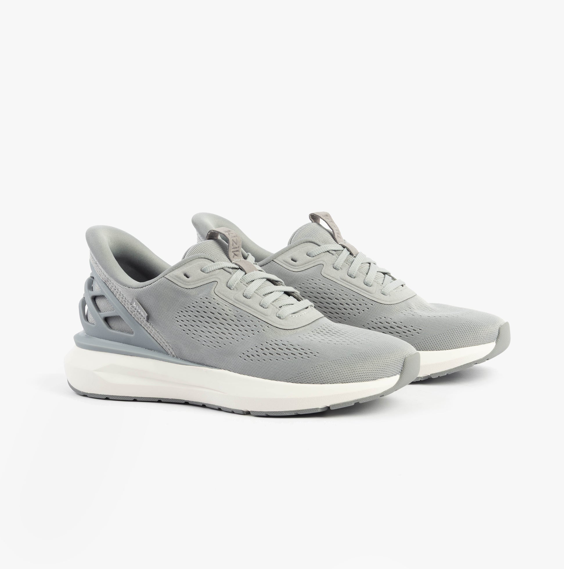Kizik ATHENS 2.0 Mens Trainers Alloy side view showing gray knit upper and rubber sole.