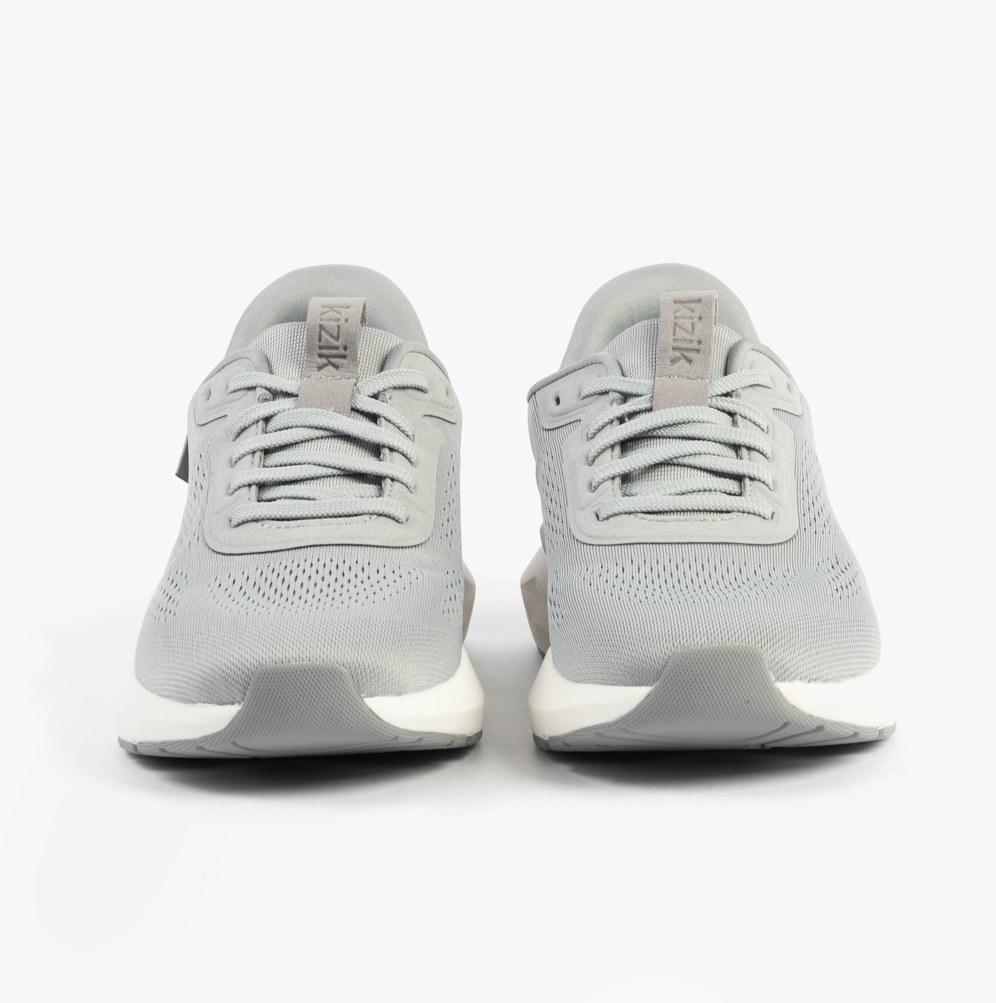 Kizik ATHENS 2.0 Mens Trainers Alloy front view showcasing grey knit upper and lace-up closure.