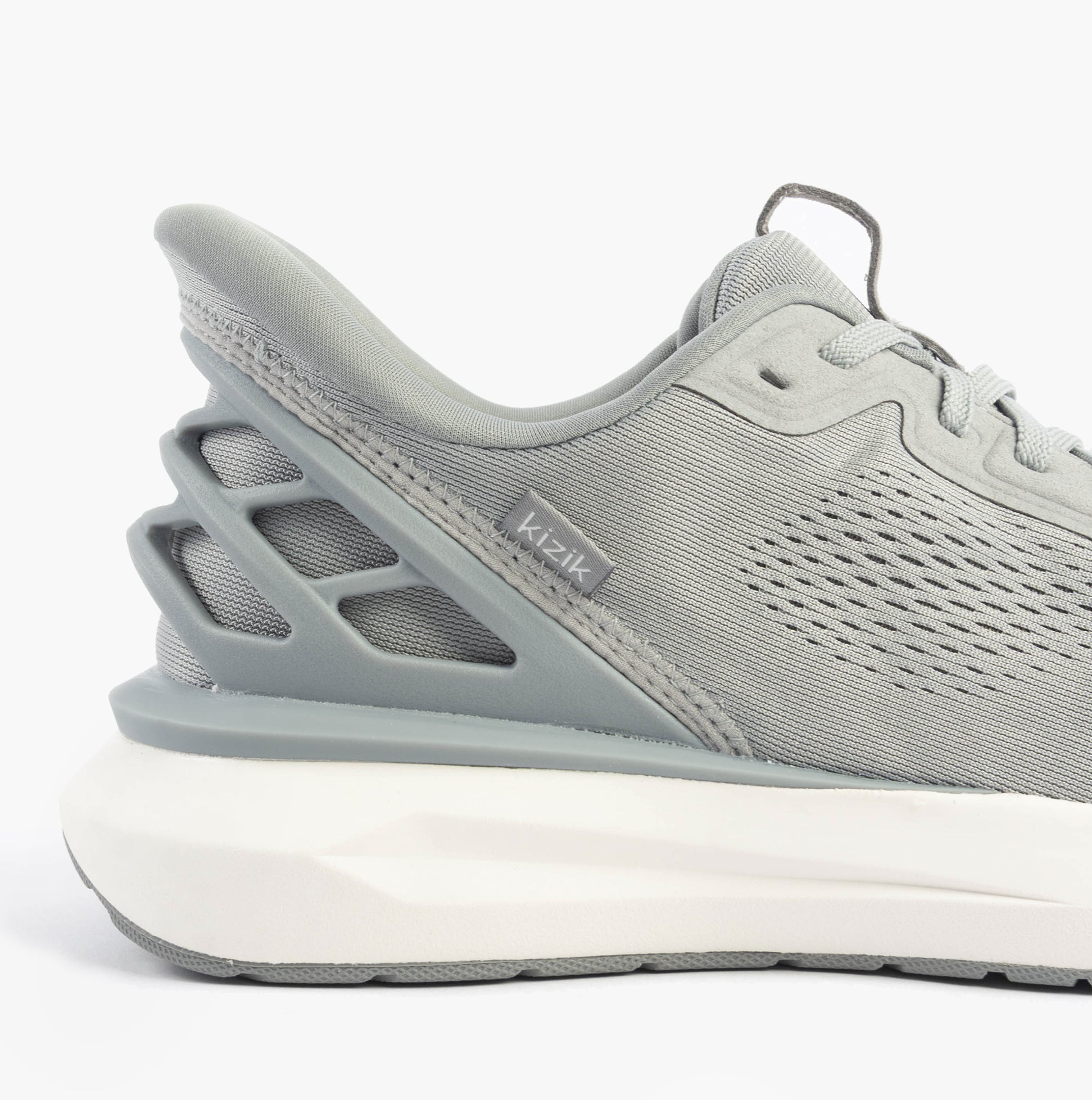 Kizik ATHENS 2.0 Mens Trainers Alloy side view with knit upper and rubber sole in gray color.